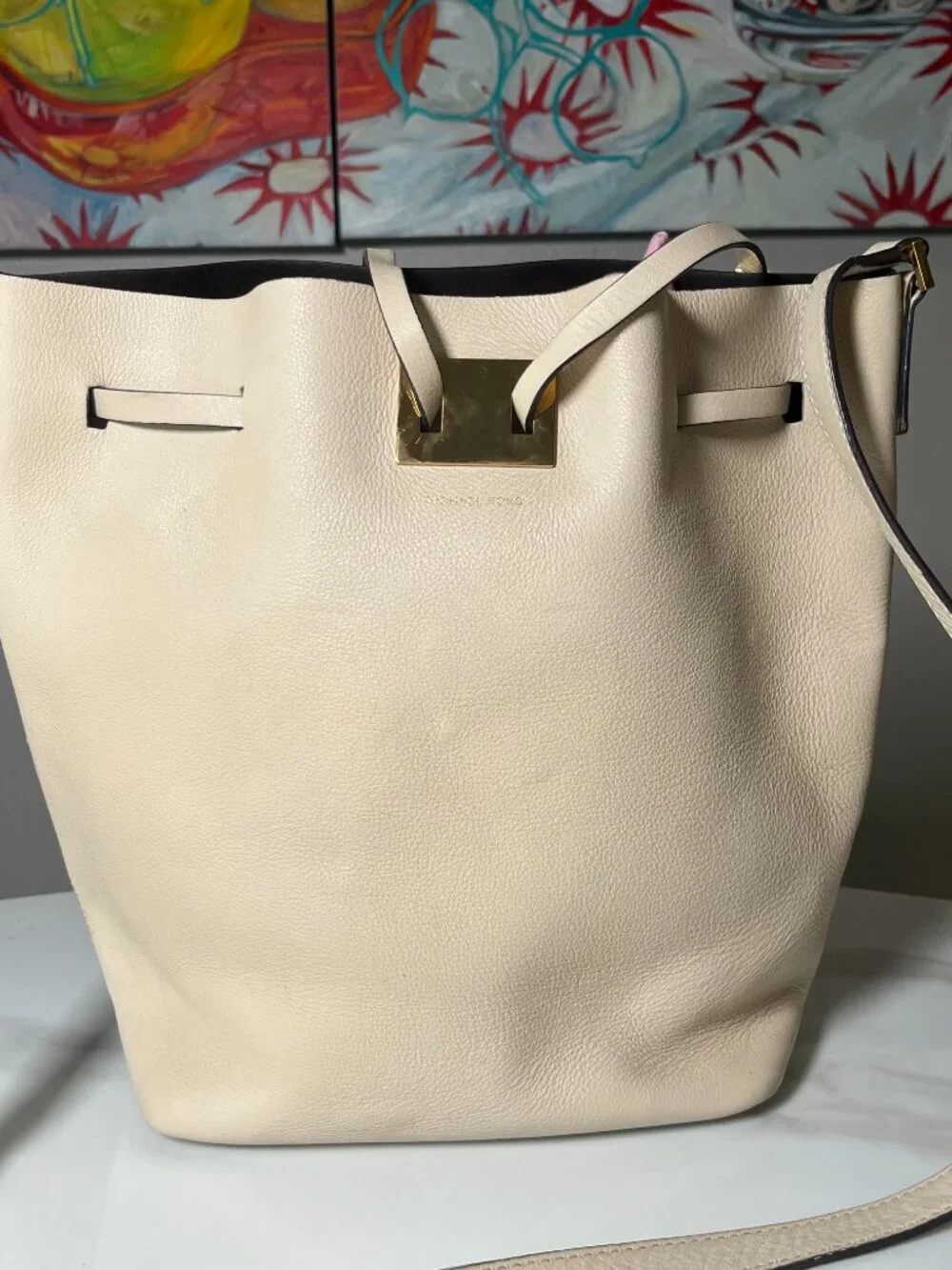 Michael Kors Mercer Cream Pebbled Leather Bucket Bag - Picture 12 of 16
